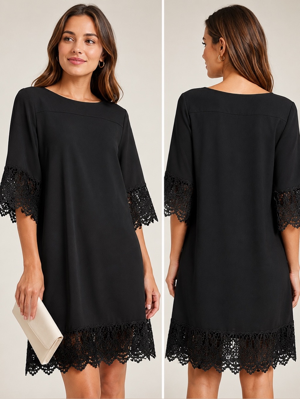 Beige‎ by ECI Black Lace Trim Shift Dress Size 14 Elegant Cocktail Career